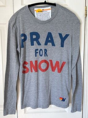Aviator Nation Gray Long Sleeve "PRAY FOR SNOW" Graphic Tee - Blue & Red Print
